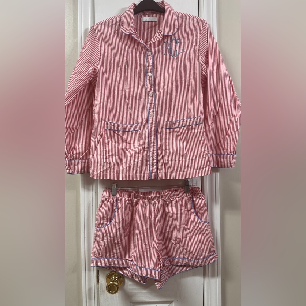 LAKE pink and blue pijama set. Striped size S pit to pit 19.5 NOTE: embroidery